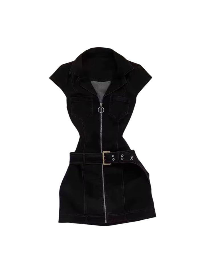 Black Denim Y2k Belt Mini Minimalist Dress