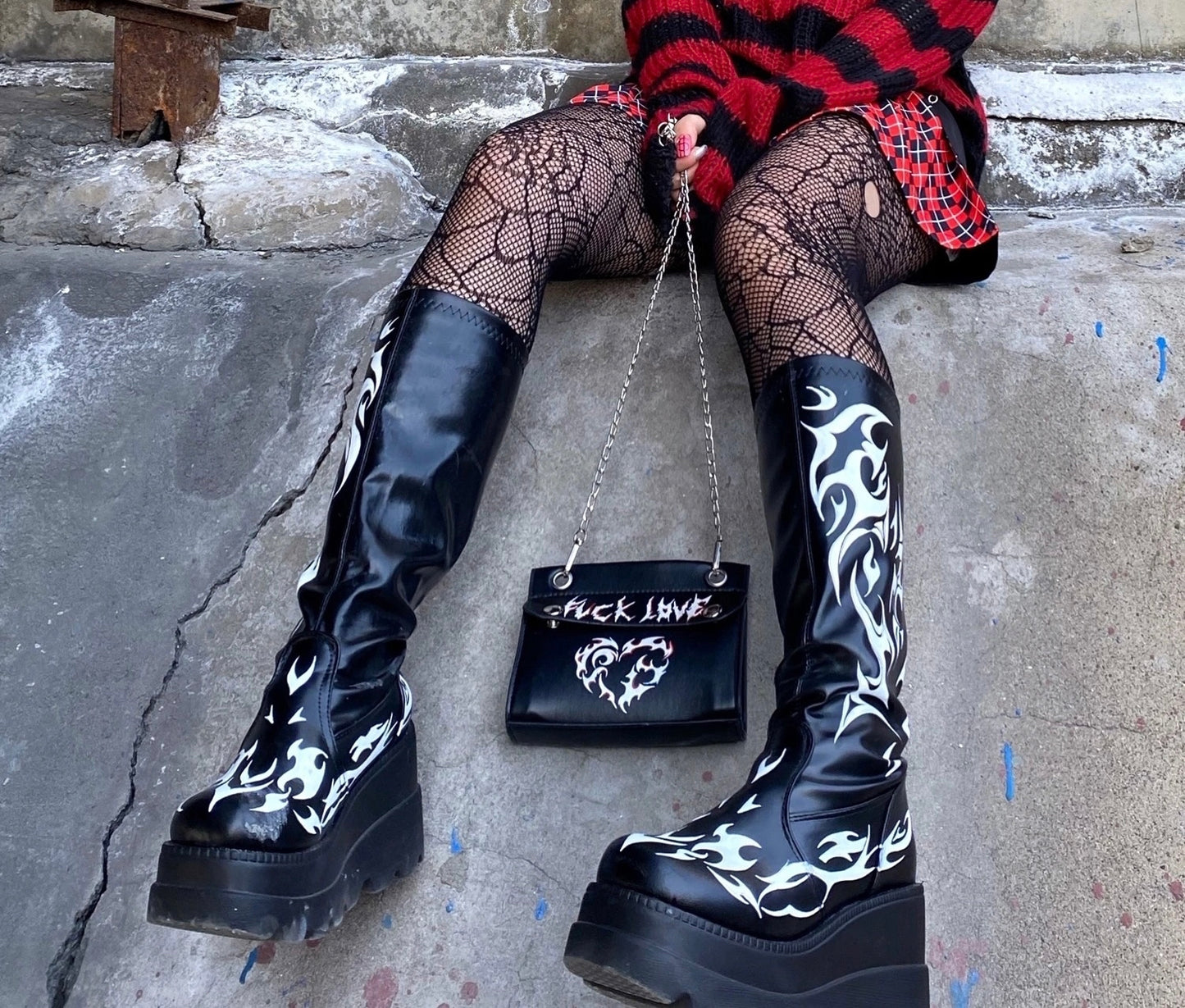 Black Faux Leather Punk Flame Platform Knee Boots
