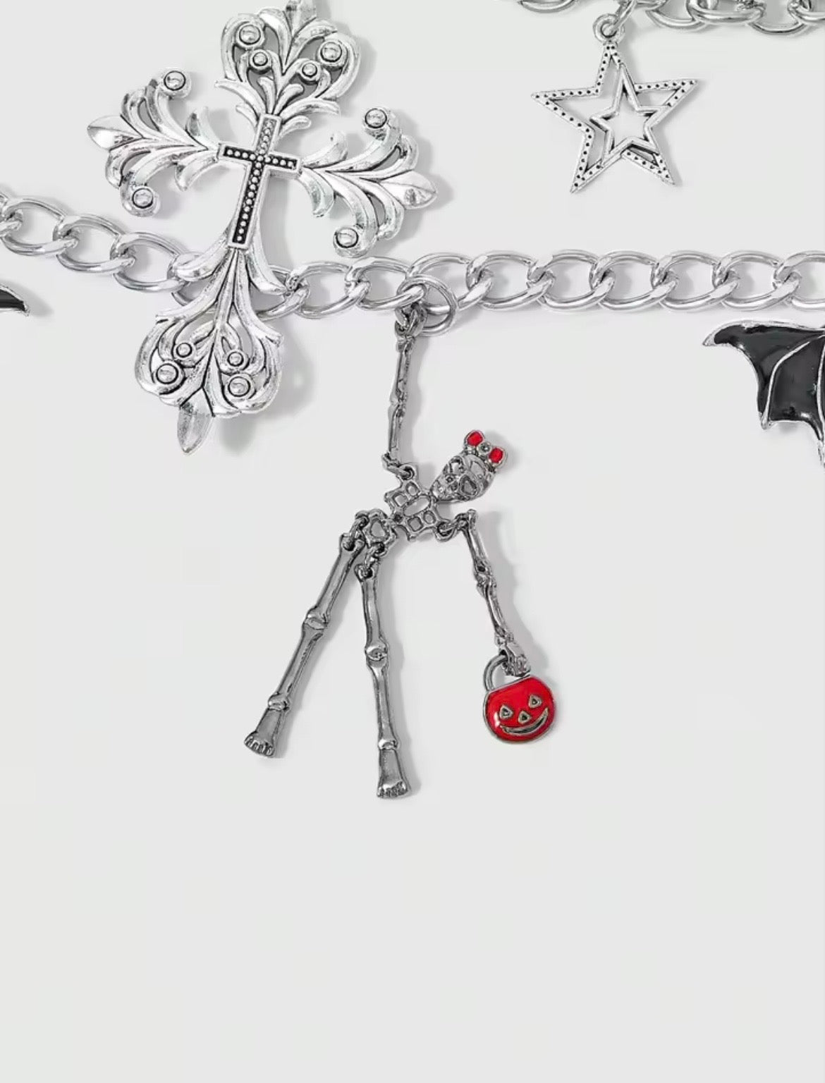 Silver Gothic Bat Skeleton Charm Layer Chain Belt