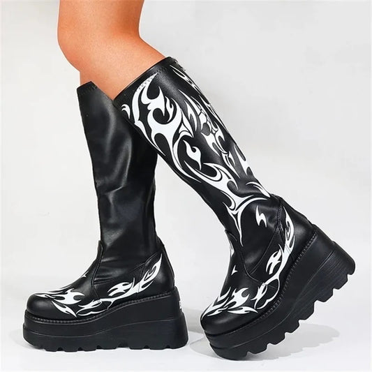 Black Faux Leather Punk Flame Platform Knee Boots
