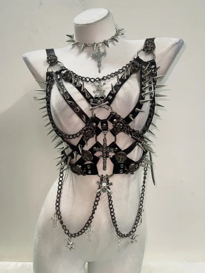 Black Punk Faux Leather Spike Chain Cage Body Harness