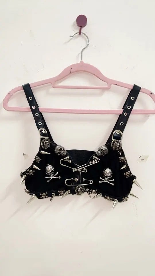 Black Punk Spike Studded Skull Crop Top