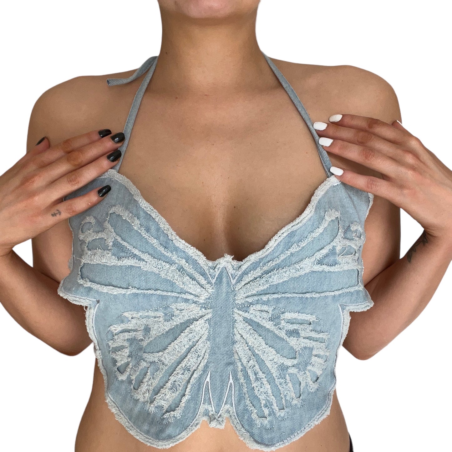 Blue Denim Y2k Backless Butterfly Crop Top