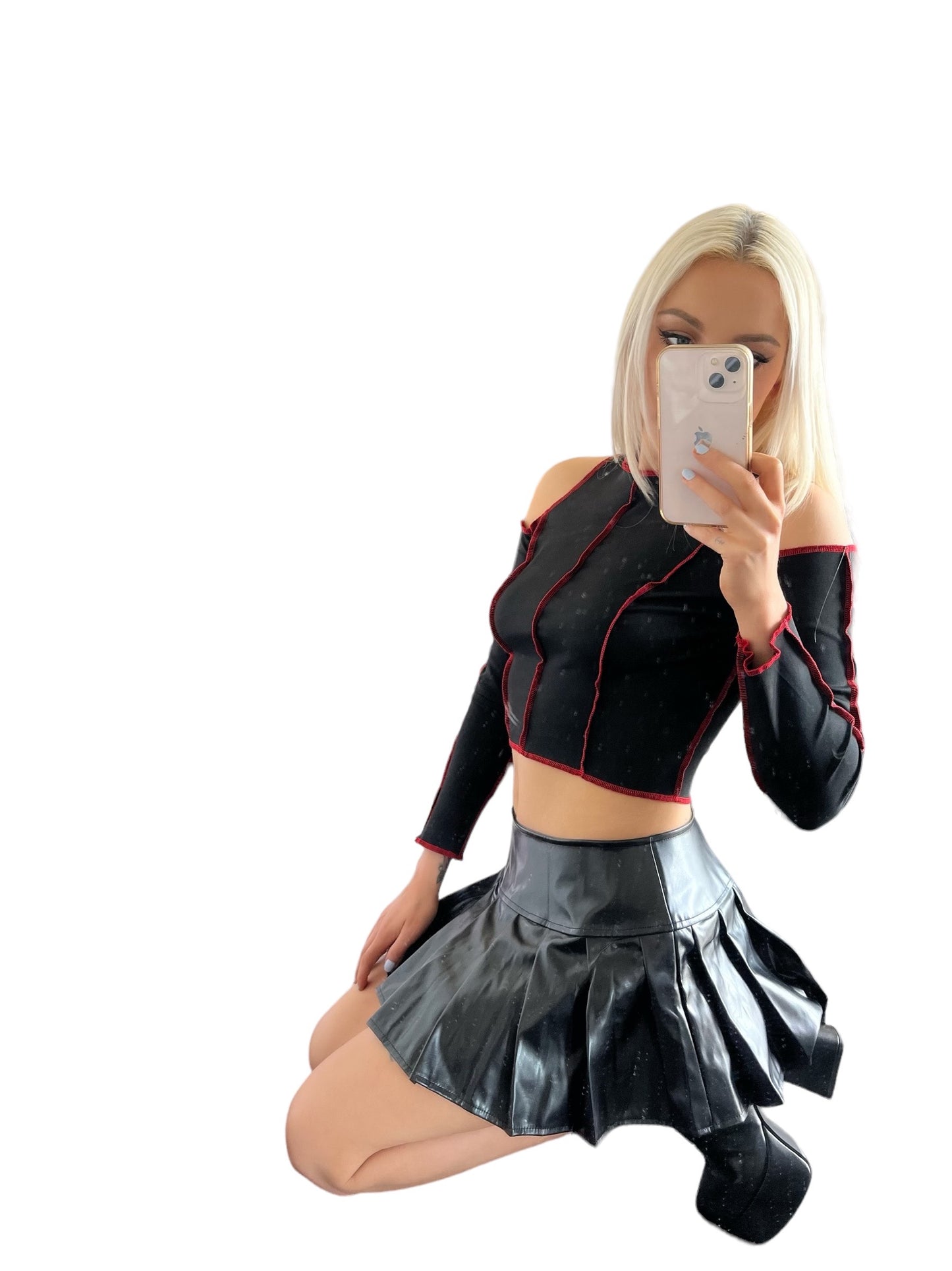 Black Faux Leather Low Rise Tennis Mini Skater Skirt