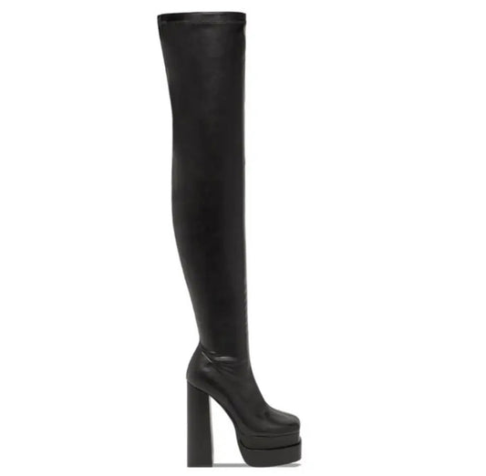 Black Faux Leather Over Knee Platform Heel Boots