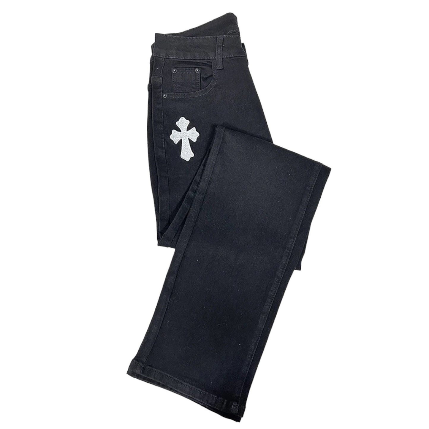 Black Denim Gothic Cross Straight Leg Jeans
