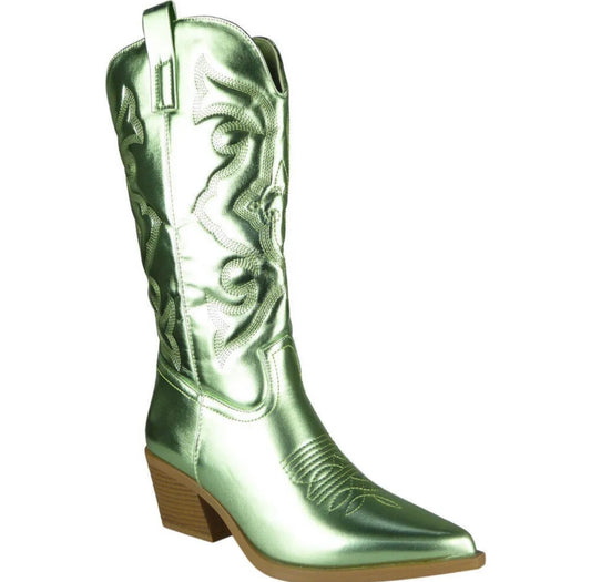 Green Metallic Faux Leather Mid Calf Cowboy Boots