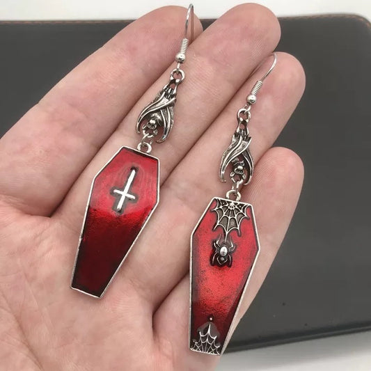 Red Gothic Coffin Shaped Spooky Earrings