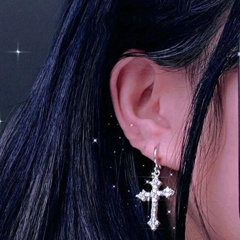 Silver Cross Iced Out Diamanté Earrings