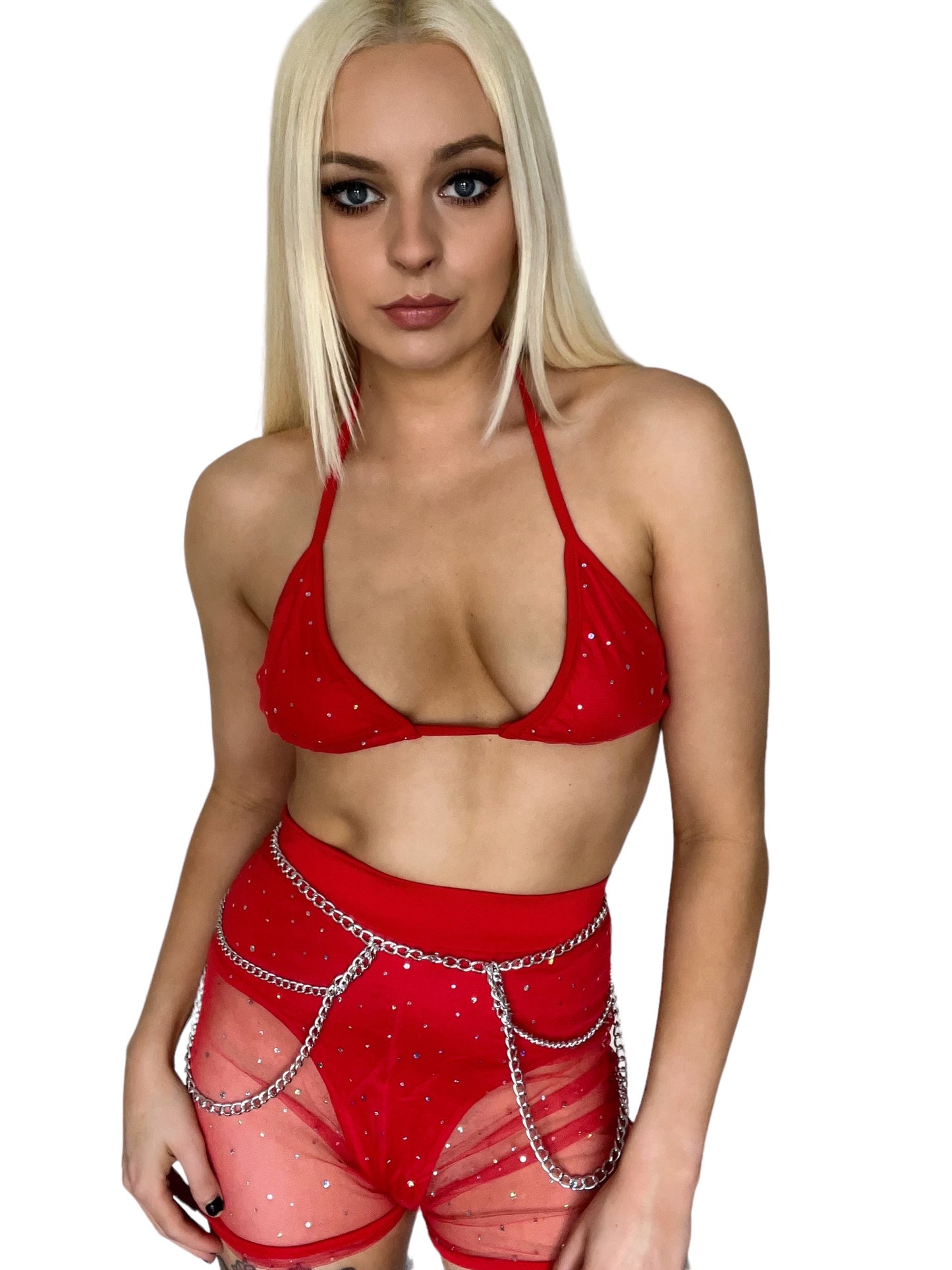 Red Mesh 2 Piece Rhinestone Top Shorts Set