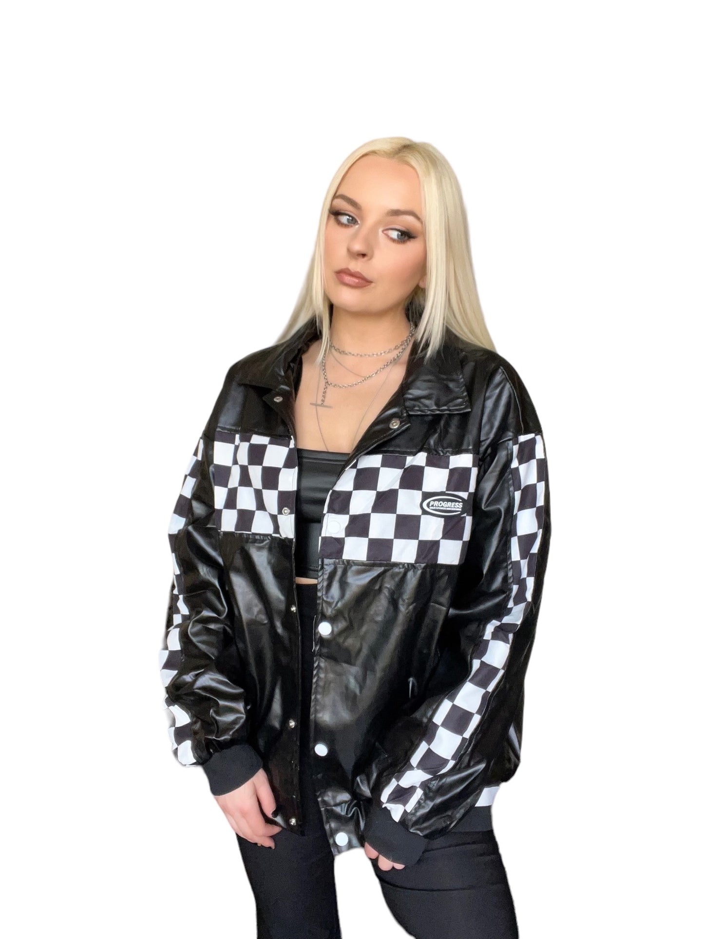 Black Faux Leather Checkerboard Motocross Bomber Jacket