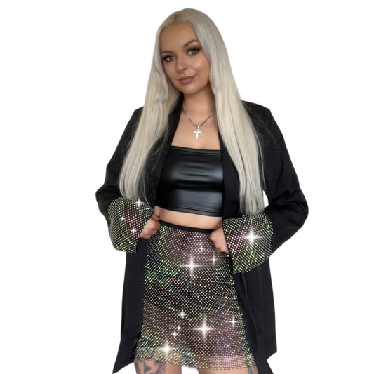 Black 2 Piece Fishnet Rhinestone Blazer Suit Set