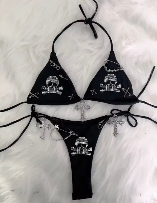 Black Skull Rhinestone Chain Charm Punk 2 Piece Bikini Set