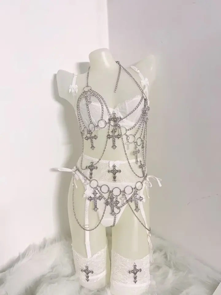 White Lace Romantic Gothic Chain 6 Piece Lingerie Set