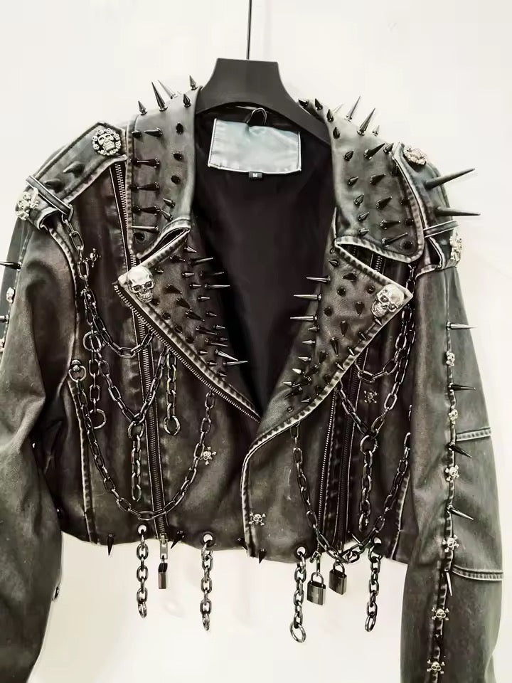 Black Leather Skull Spike Studded Punk Jacket