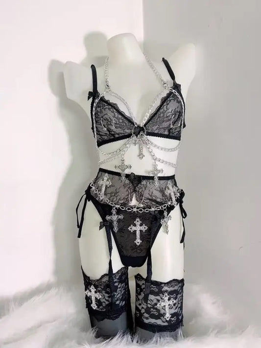 Black Lace Romantic Gothic 6 Piece Chain Lingerie Set