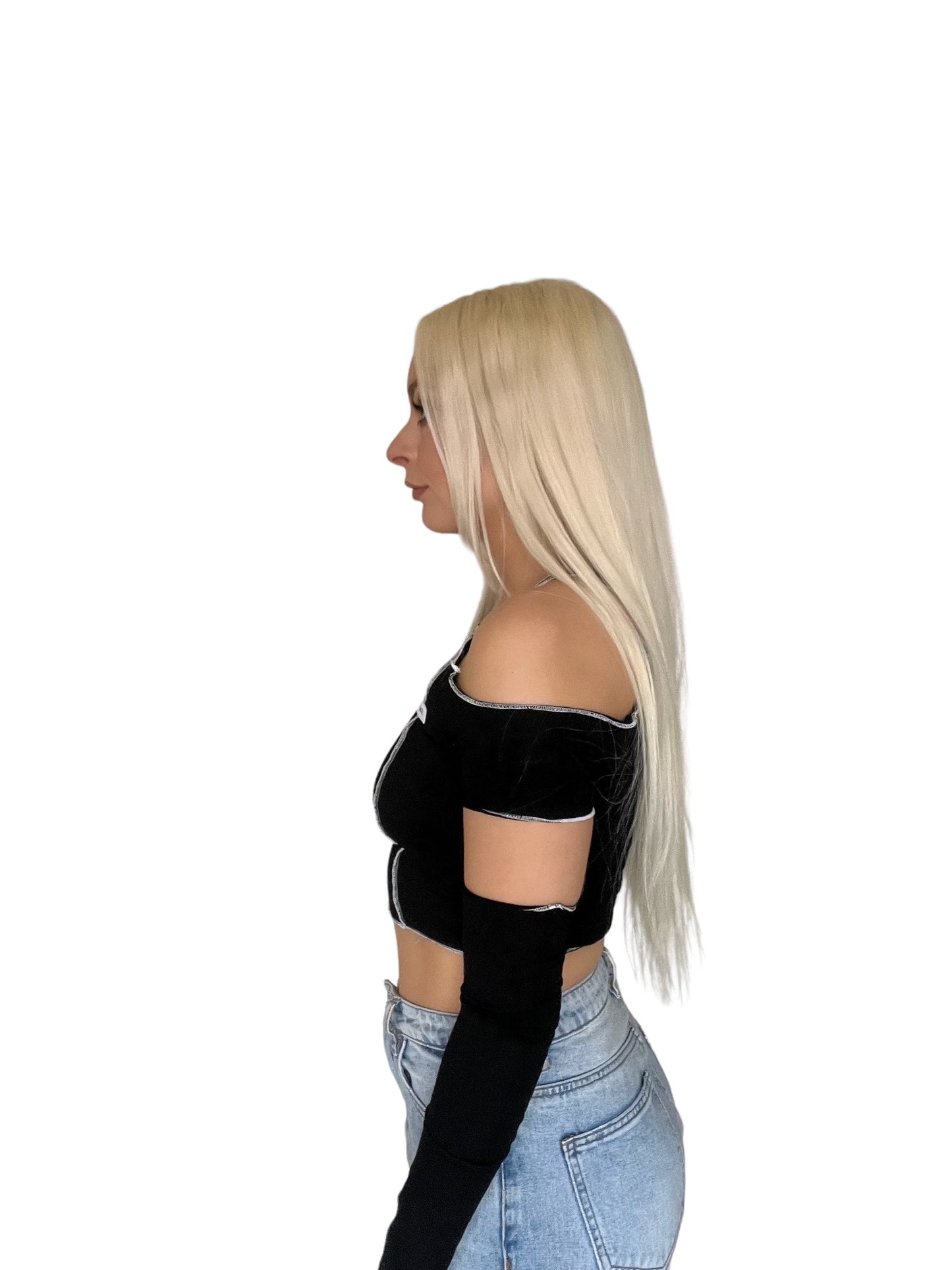 Black Cold Shoulder Crop Top With Arm Sleeves