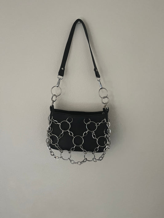 Black Faux Leather Hoop Chainmail Punk Shoulder Bag
