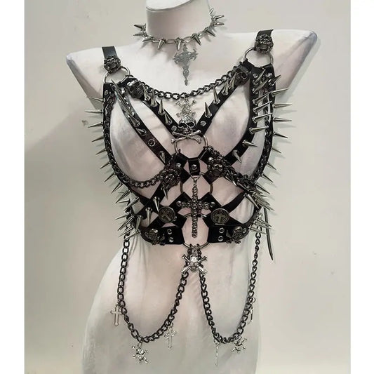 Black Punk Faux Leather Spike Chain Cage Body Harness