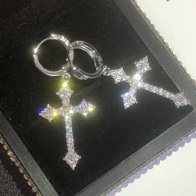 Silver Cross Iced Out Diamanté Earrings