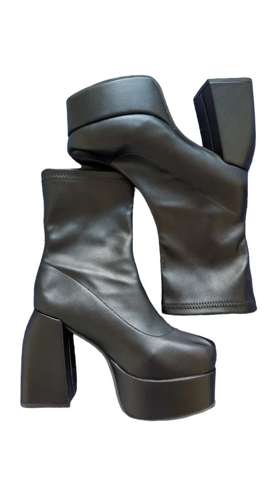 Black Faux Leather Chunky Heel Platform Ankle Boots