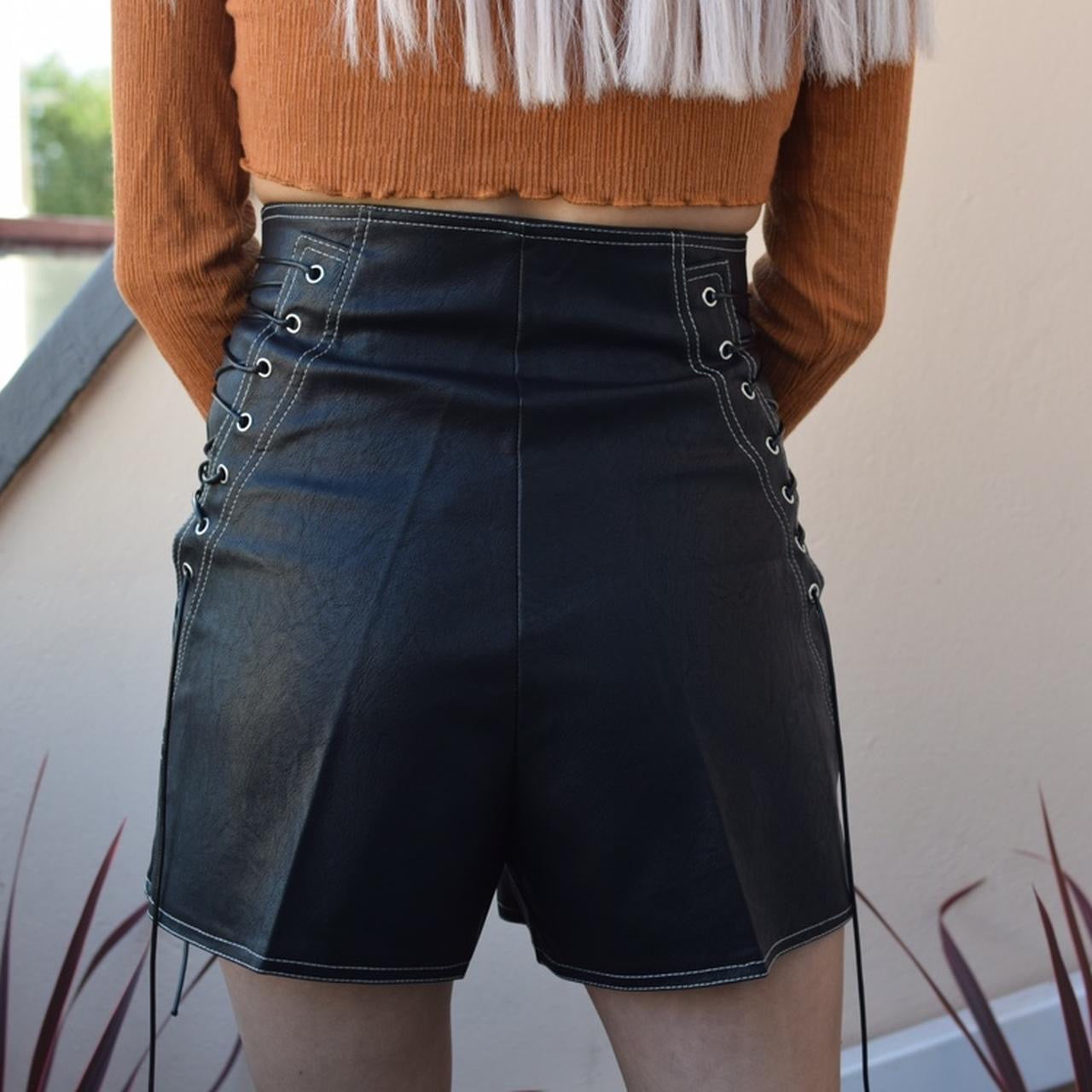 Black Faux Leather Lace Up Gothic Shorts