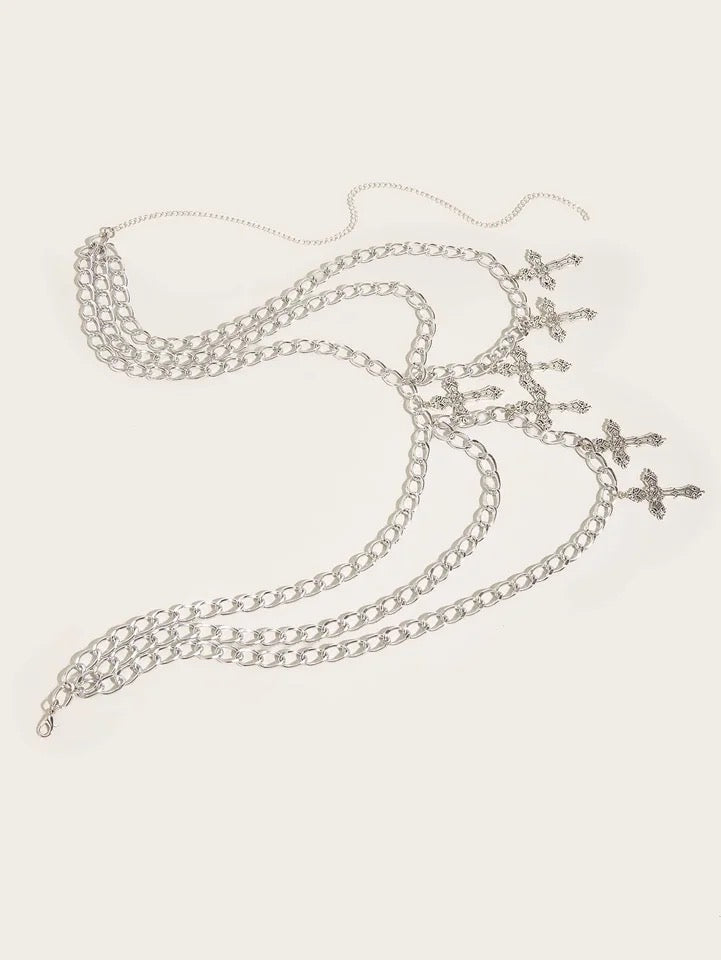 Silver Gothic Chain Layer Cross Charm Belt
