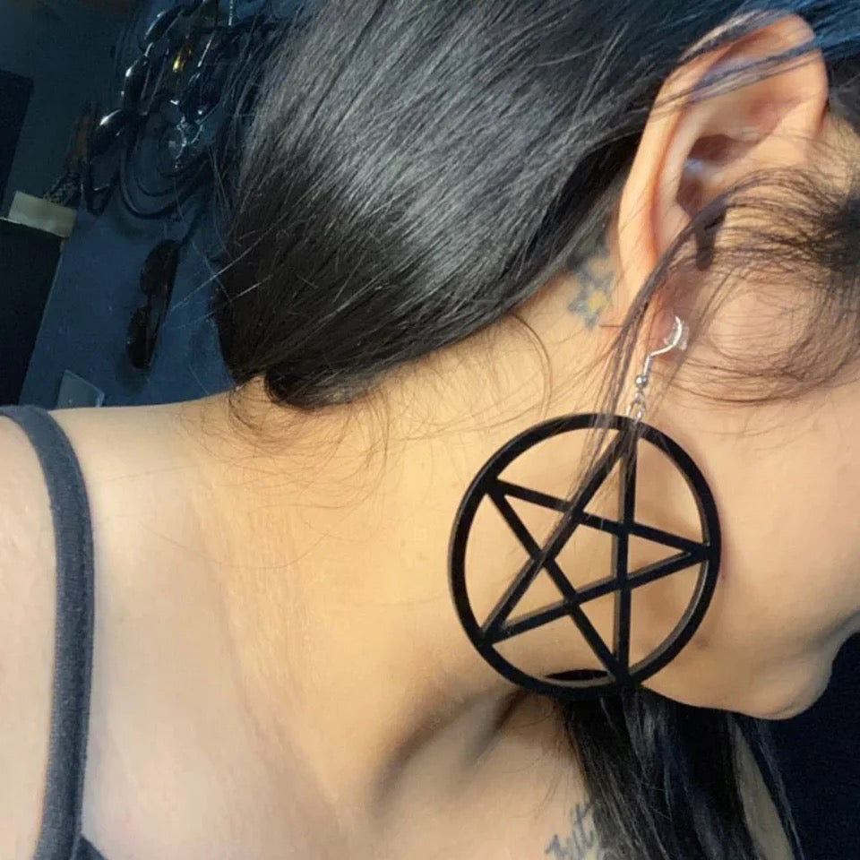 Black Pentagram Large Hoop Gothic Earrings