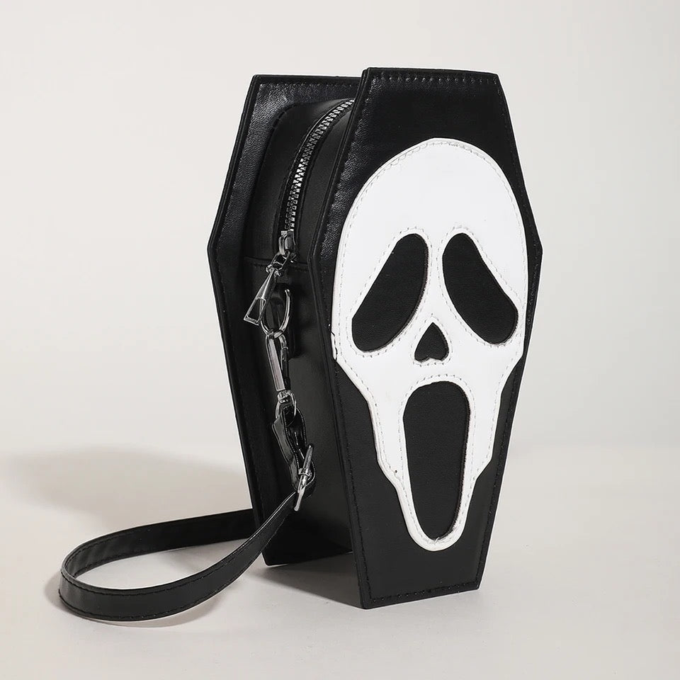 Faux Leather Ghost Face Coffin Shaped Cross Body Bag