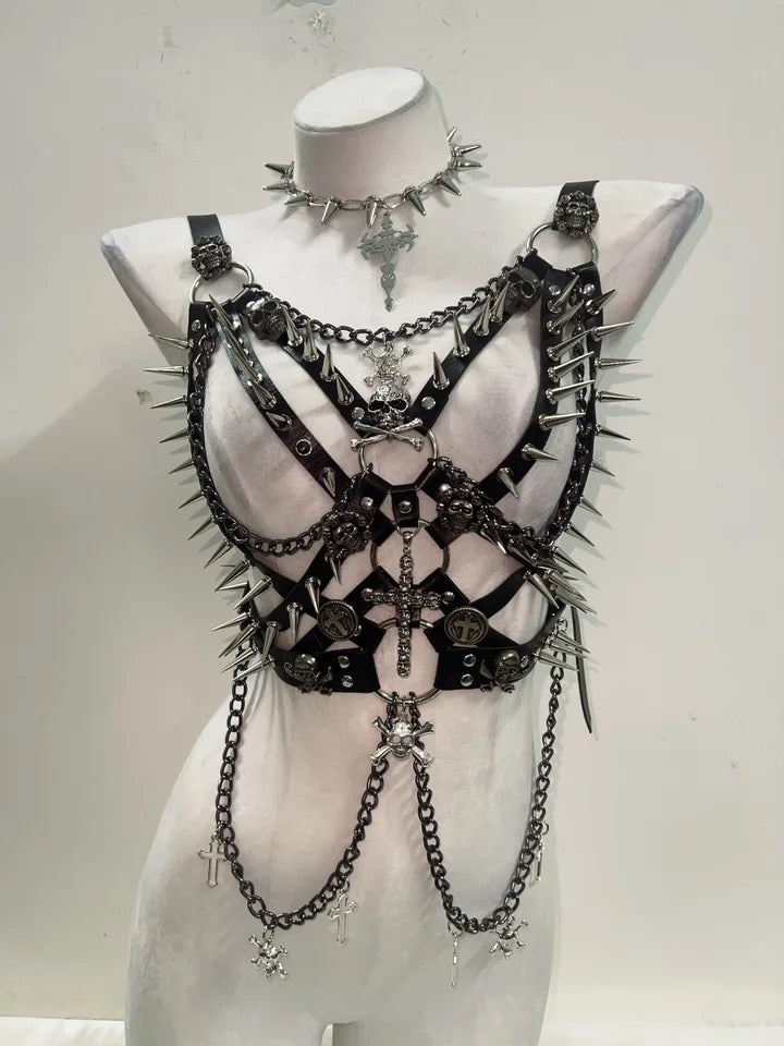 Black Punk Faux Leather Spike Chain Cage Body Harness