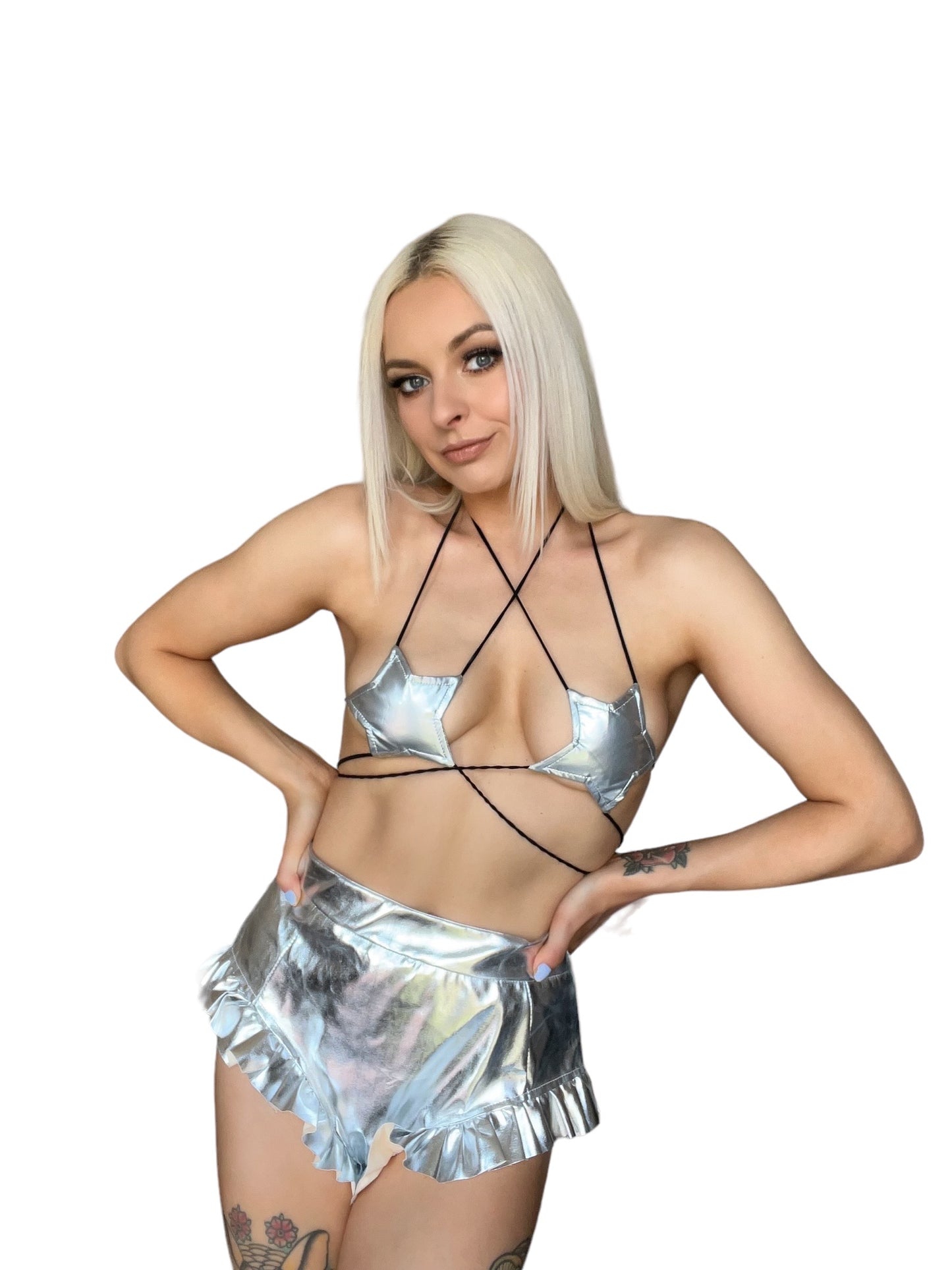 Silver Metallic Faux Leather High Waisted Ruffle Booty Shorts