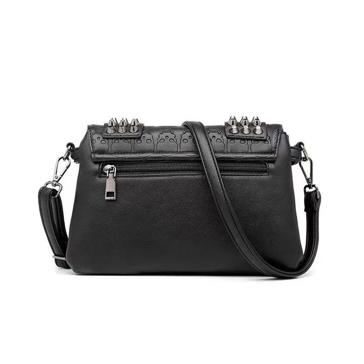 Black Faux Leather Skull Studded Cross Body Satchel Bag