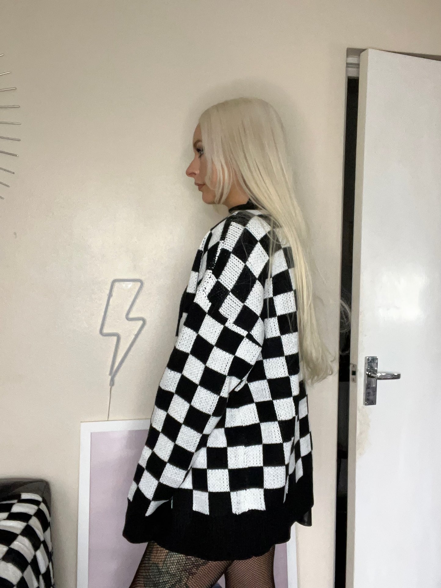 Black And White Checkerboard Knitted Oversized Cardigan