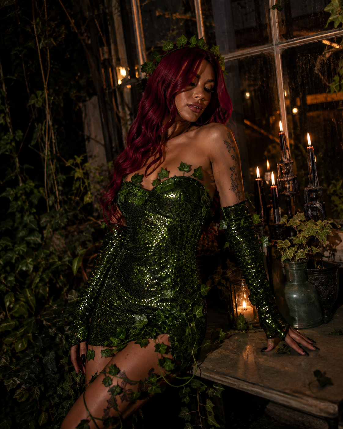 Green Sequin Strapless Bodycon Poison Ivy Cosplay Costume