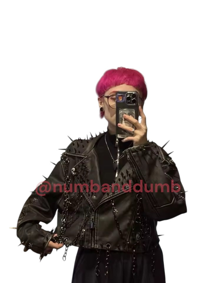 Black Leather Skull Spike Studded Punk Jacket