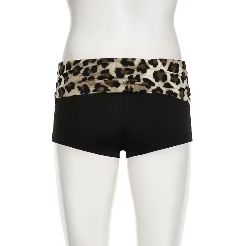 Black Y2K Roll Leopard Print Waist Booty Shorts