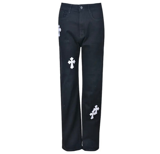 Black Denim Gothic Cross Straight Leg Jeans
