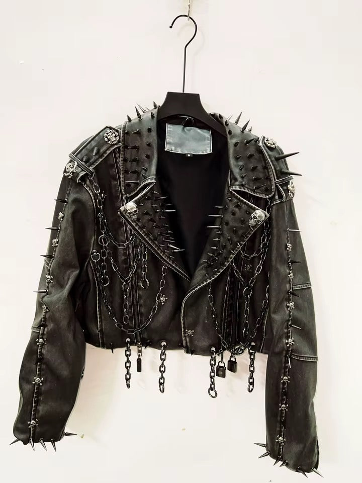 Black Leather Skull Spike Studded Punk Jacket
