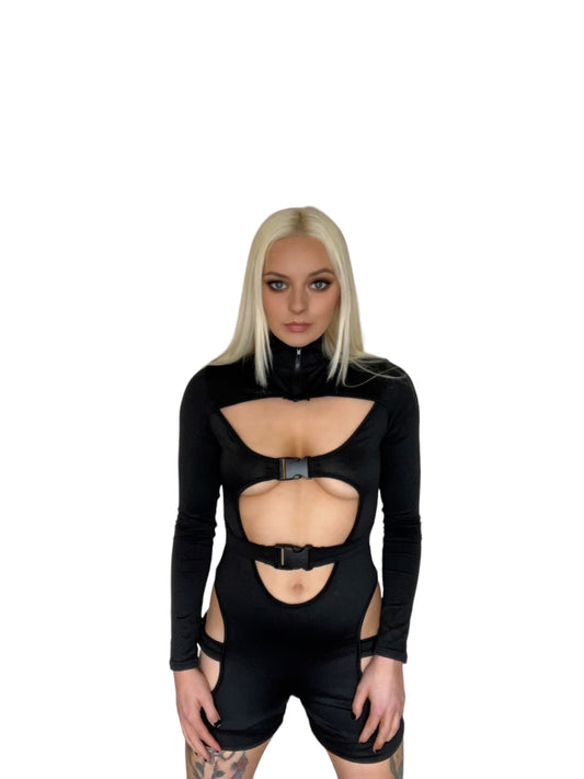 Black Extreme Cut Out Rave Buckle Playsuit