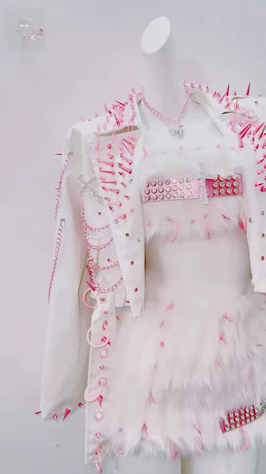 White Faux Leather Pink Spike Studded Kawaii Punk Jacket