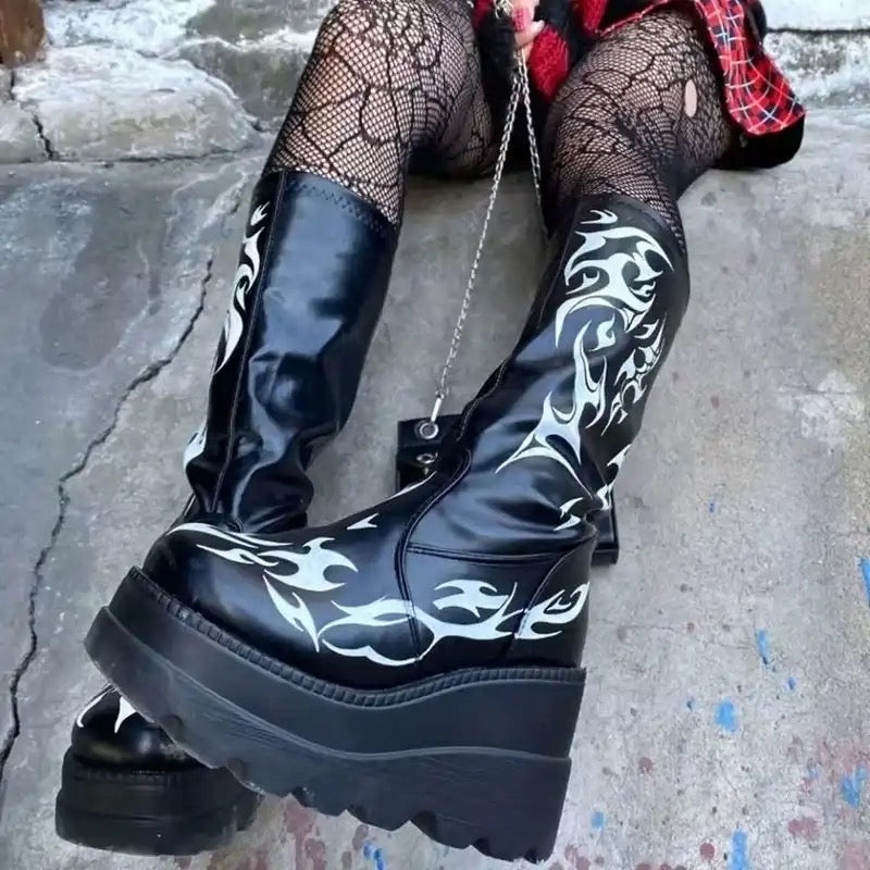 Black Faux Leather Punk Flame Platform Knee Boots