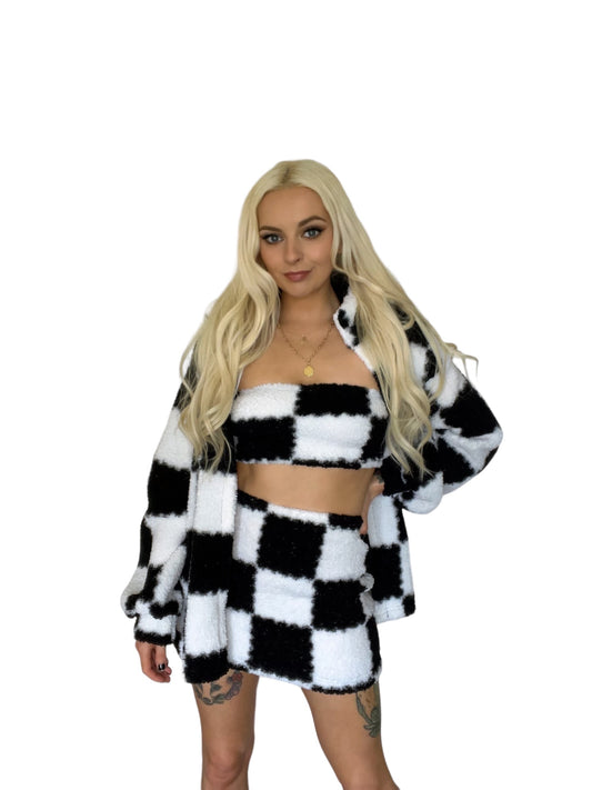 Black and White Checkerboard Fluffy 3 Piece Co-Ord Set