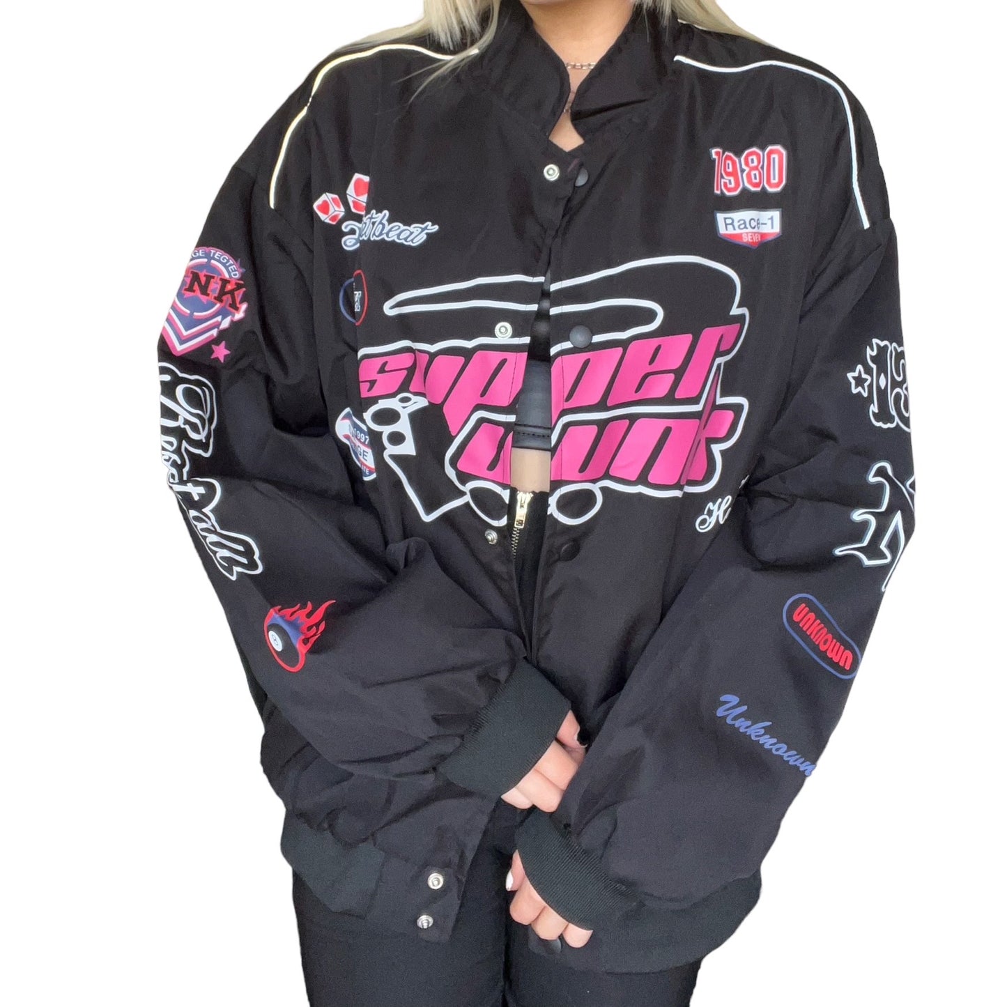Black Kawaii Motocross Patch Bomber Jacket