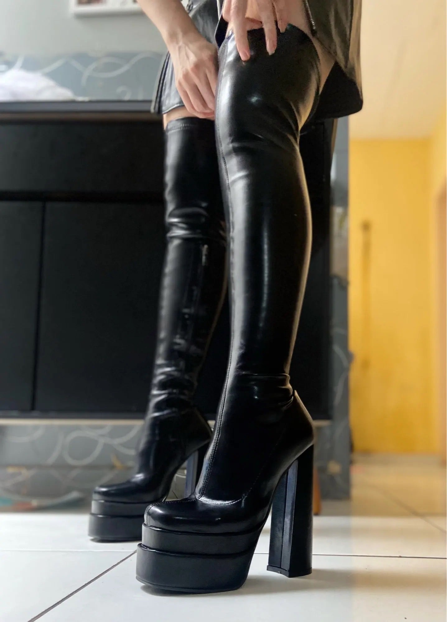 Black Faux Leather Over Knee Platform Heel Boots
