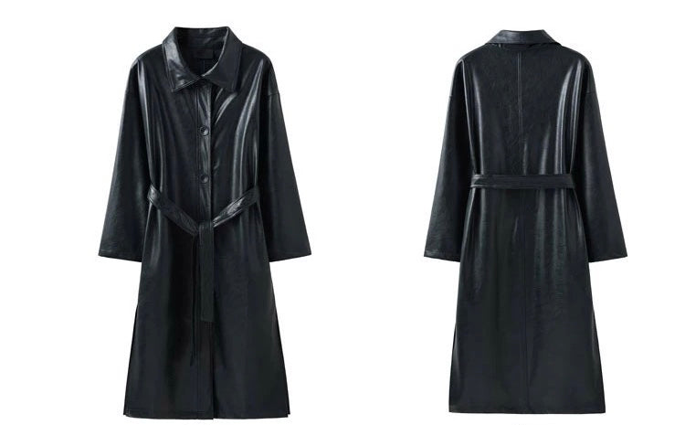 Black Faux Leather Winter Long Punk Coat