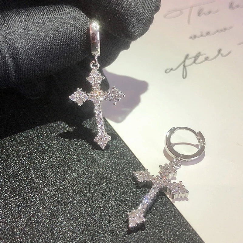 Silver Cross Iced Out Diamanté Earrings