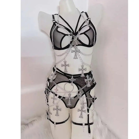 Black 6 Piece Mesh Gothic Chain Lingerie Harness Set