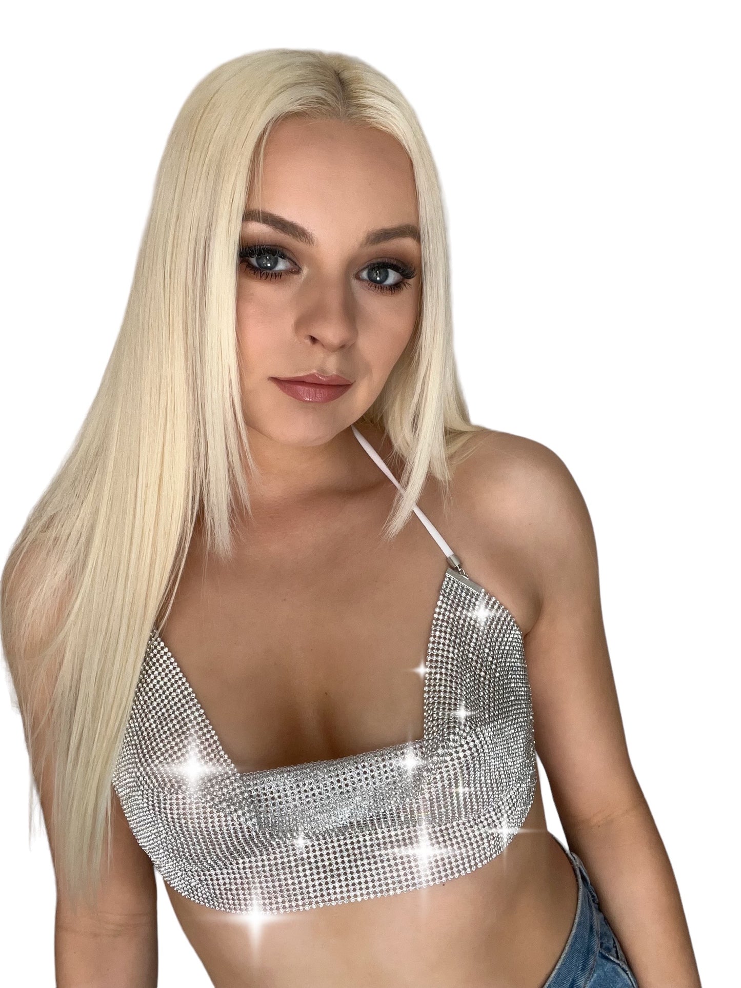 Silver Chain Rhinestone Cowl Crop Top