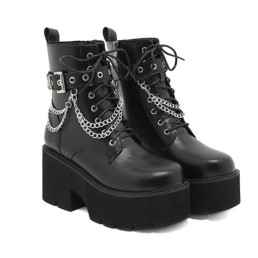 Black Faux Leather Platform Chain Heel Boots