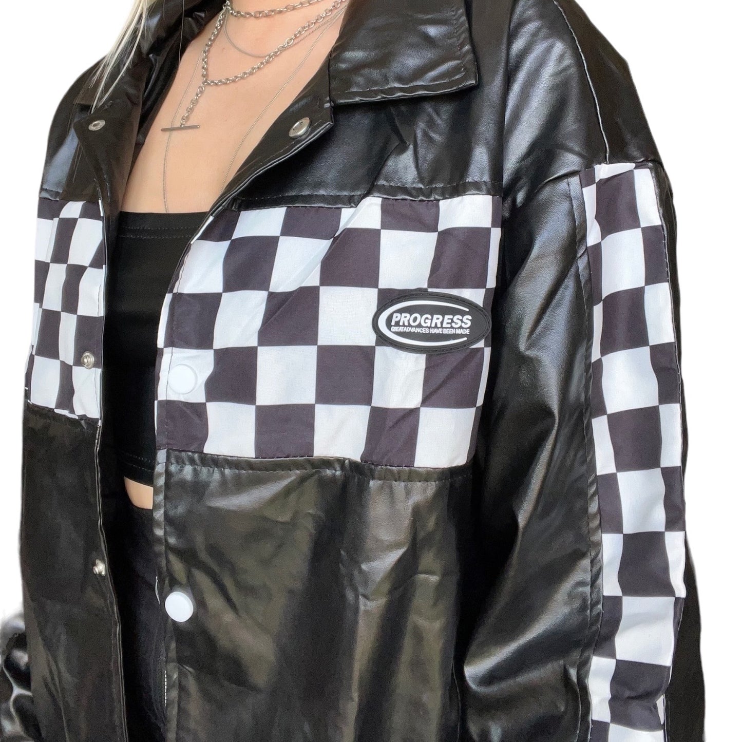 Black Faux Leather Checkerboard Motocross Bomber Jacket